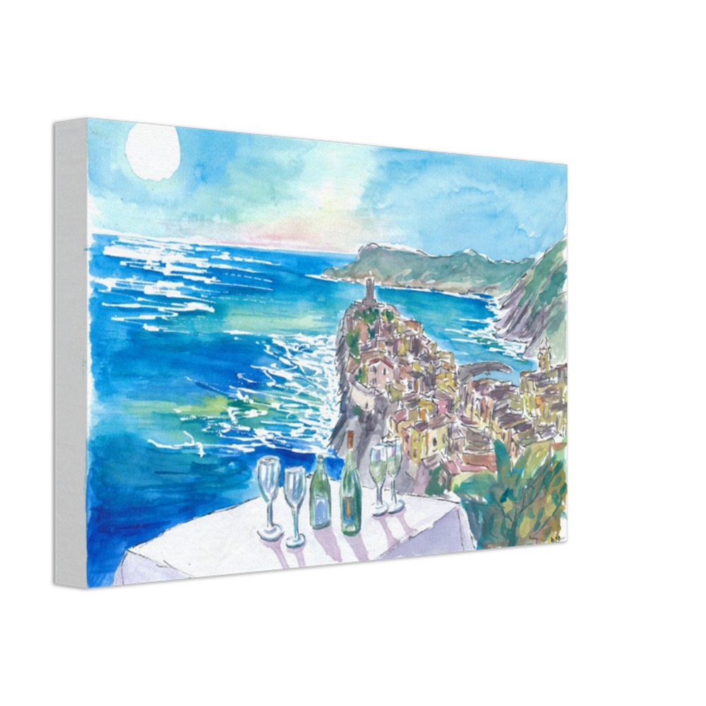 Mediterranean View from Restaurant with Wine and Vernazza Cinque Terre - Limited Edition Fine Art Print - Original Painting available