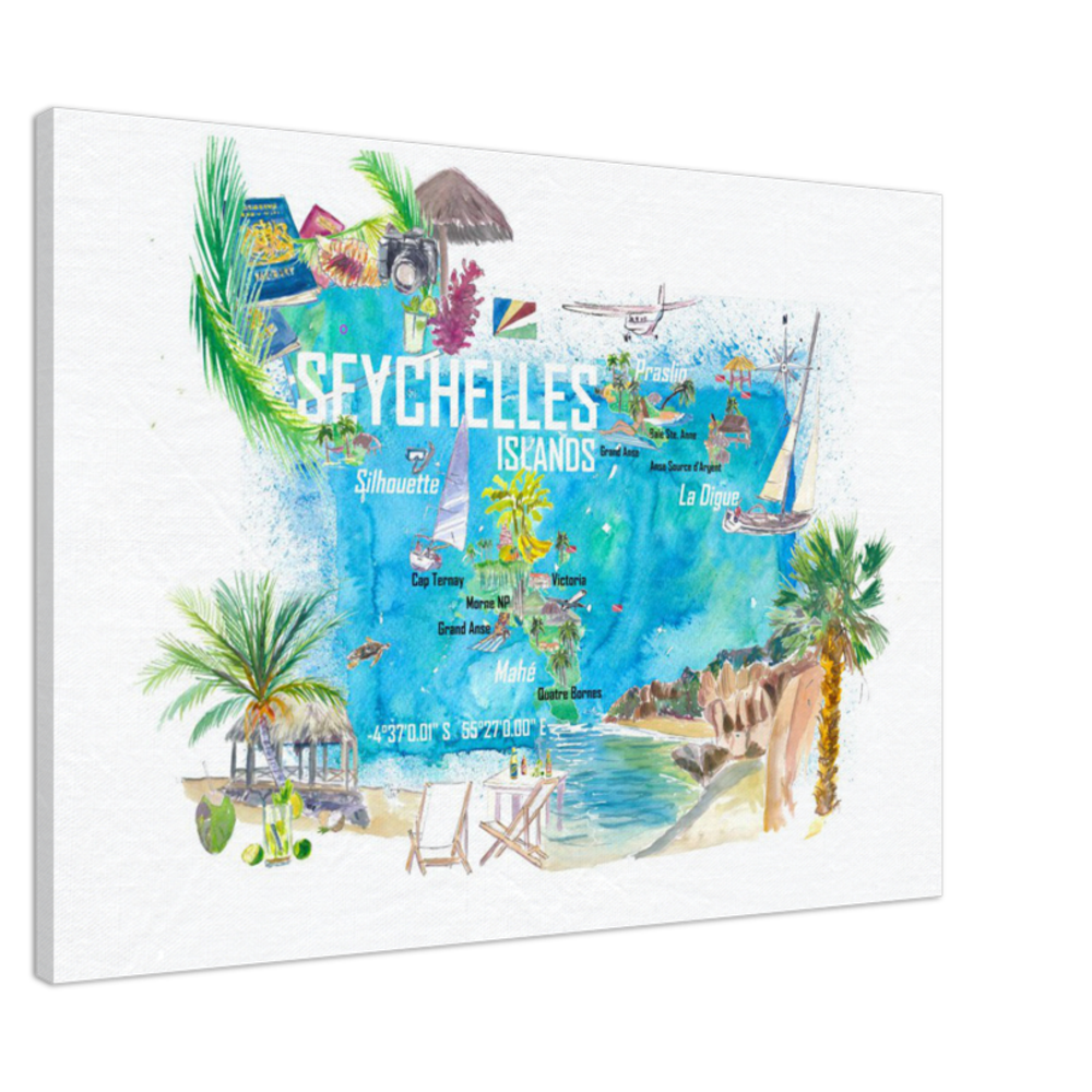 Seychelles Islands Illustrated Travel Map with Tourist Highlights Leinwand