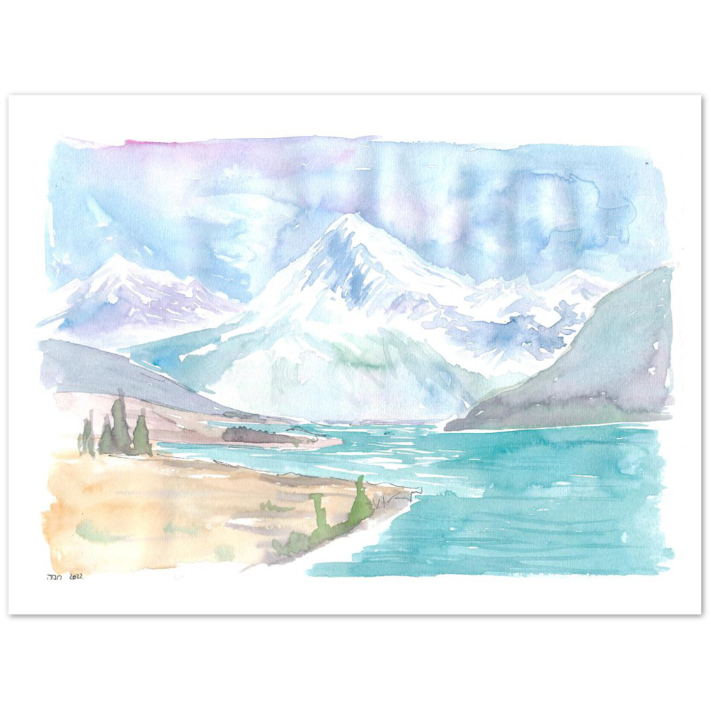 New Zealand Watercolor Landscape with Lake and Mountains