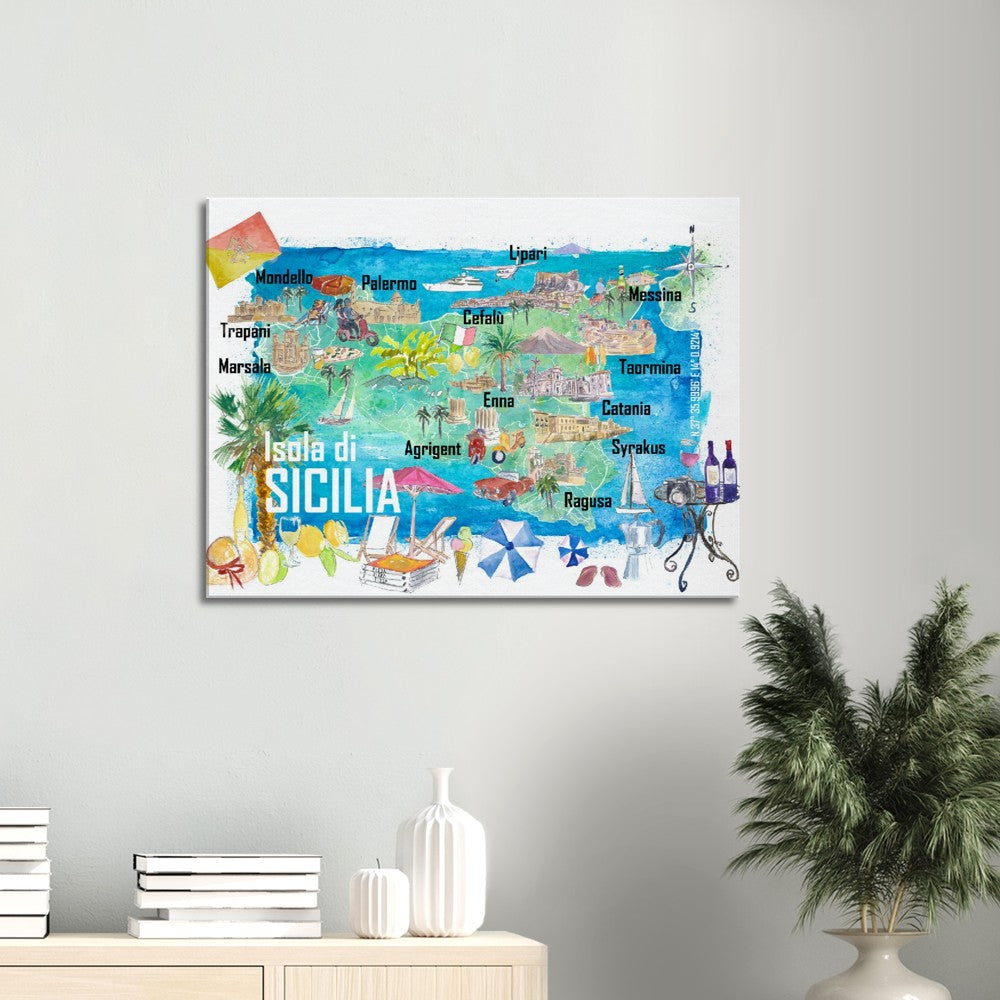 Sicily Italy Illustrated Travel Map with Roads and Tourist Highlights