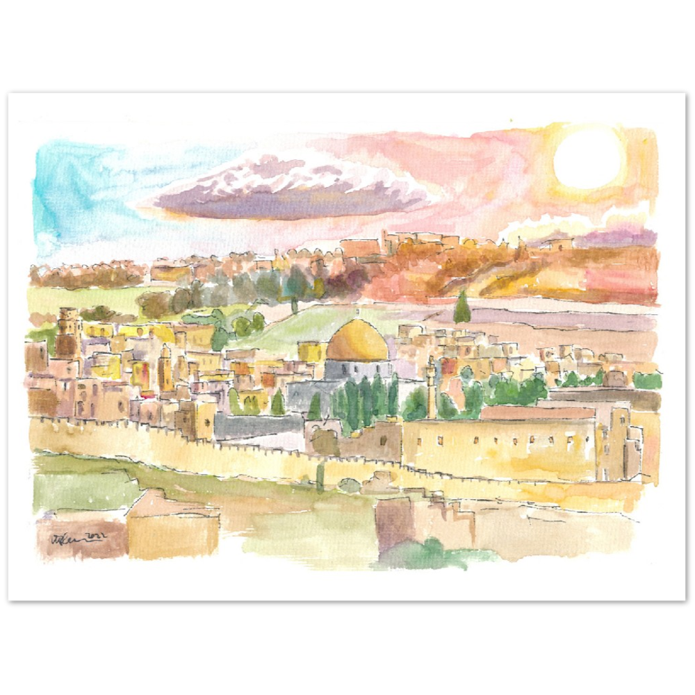 Holy City Jerusalem Cityview with Dome of Rock and Sunset - Limited Edition Fine Art Print - Original Painting available