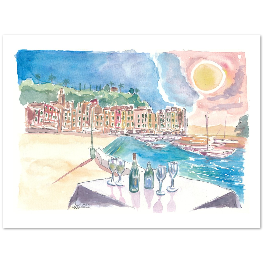 Table for Amore in Portofino with View of Port and Sea - Limited Edition Fine Art Print - Original Painting available