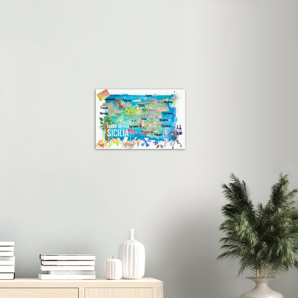 Sicily Italy Illustrated Travel Map with Roads and Tourist Highlights