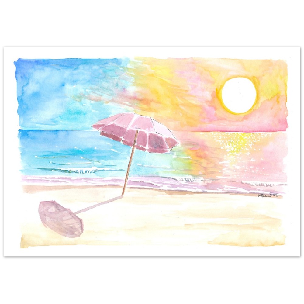 Umbrella in the Sun with Seaview Waves and Shade - Limited Edition Fine Art Print - Original Painting available