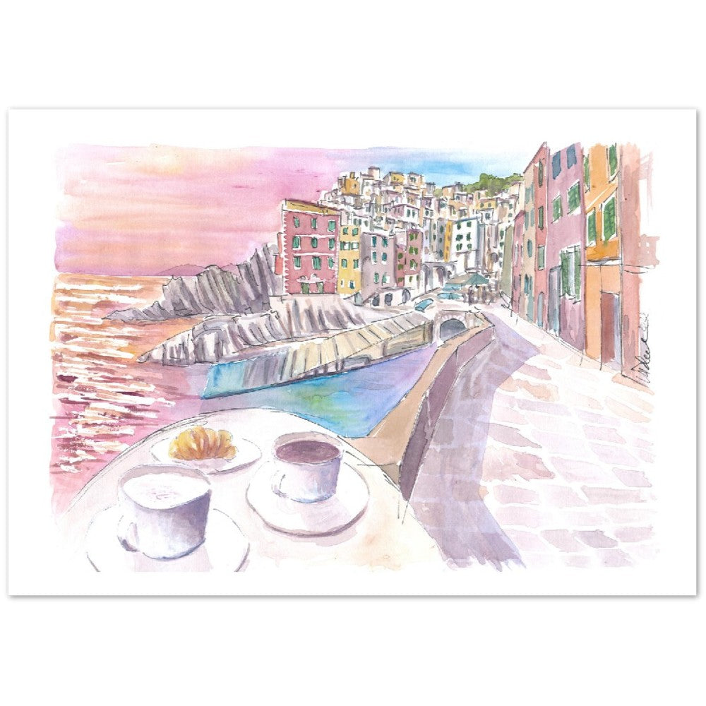 Riomaggiore Cinque Terre Relaxed Morning with Brioche and Coffee - Limited Edition Fine Art Print - Original Painting available