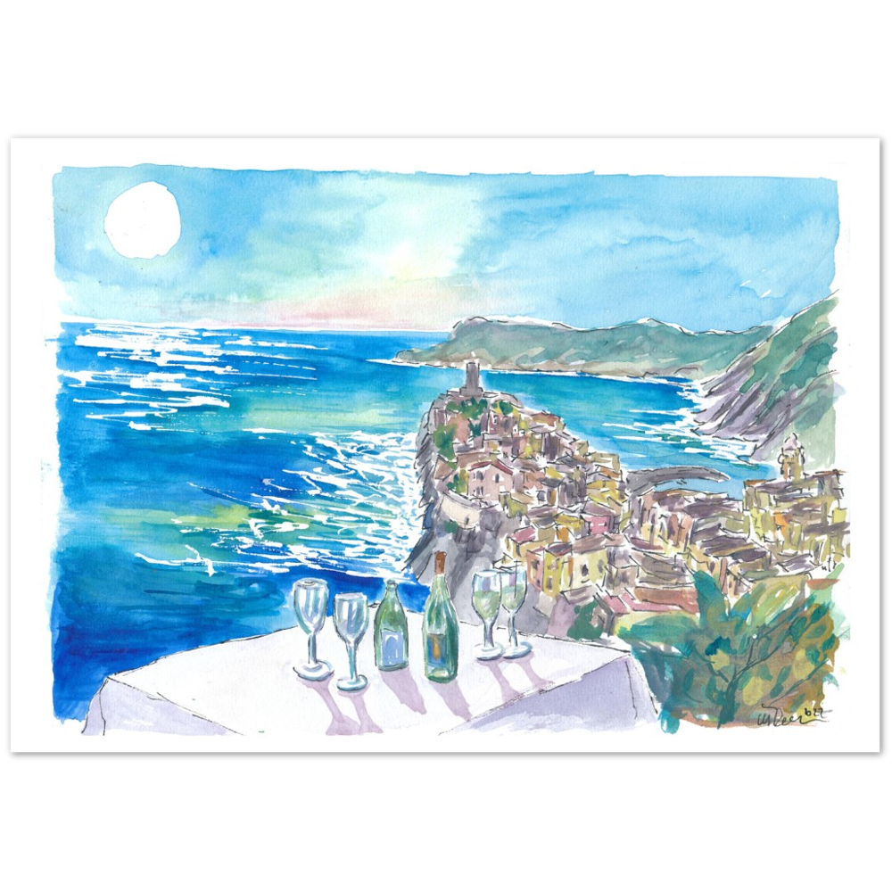 Mediterranean View from Restaurant with Wine and Vernazza Cinque Terre - Limited Edition Fine Art Print - Original Painting available