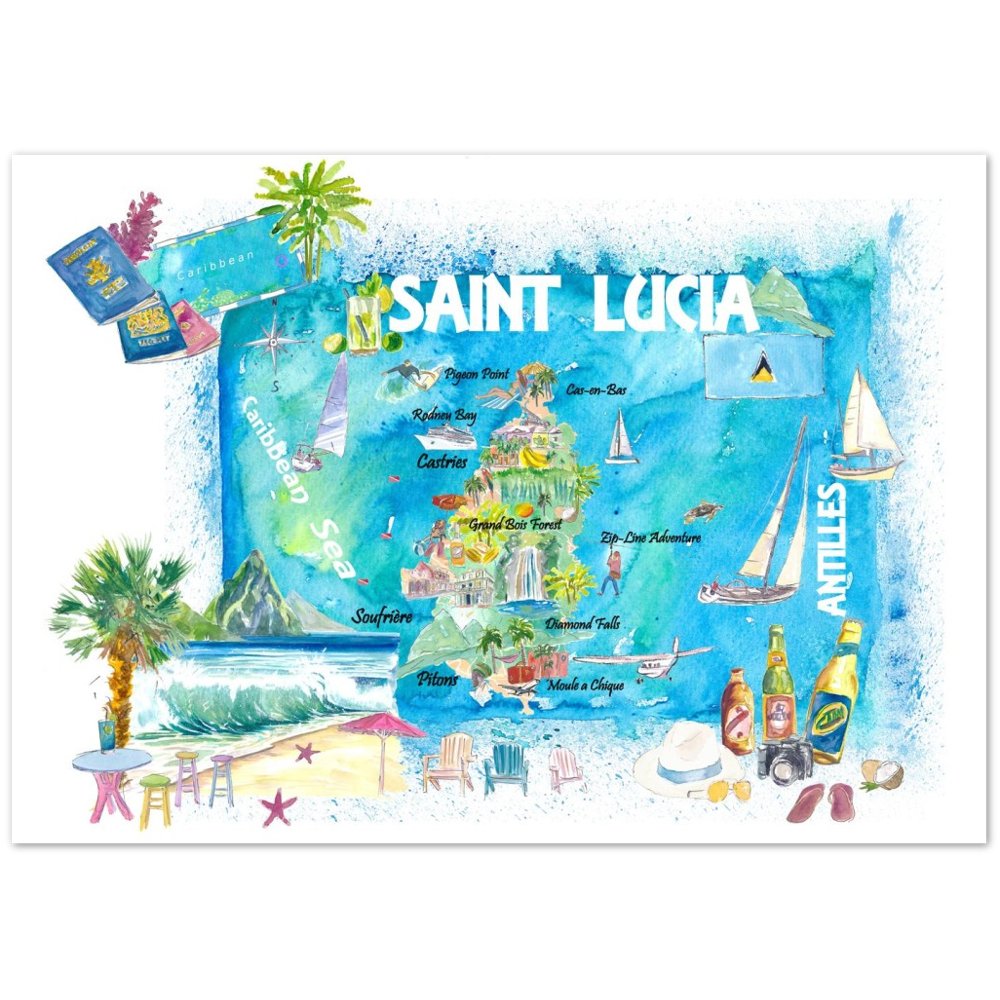 Saint Lucia West Indies Illustrated Map with Antilles Tourist Highlights 2nd Edition