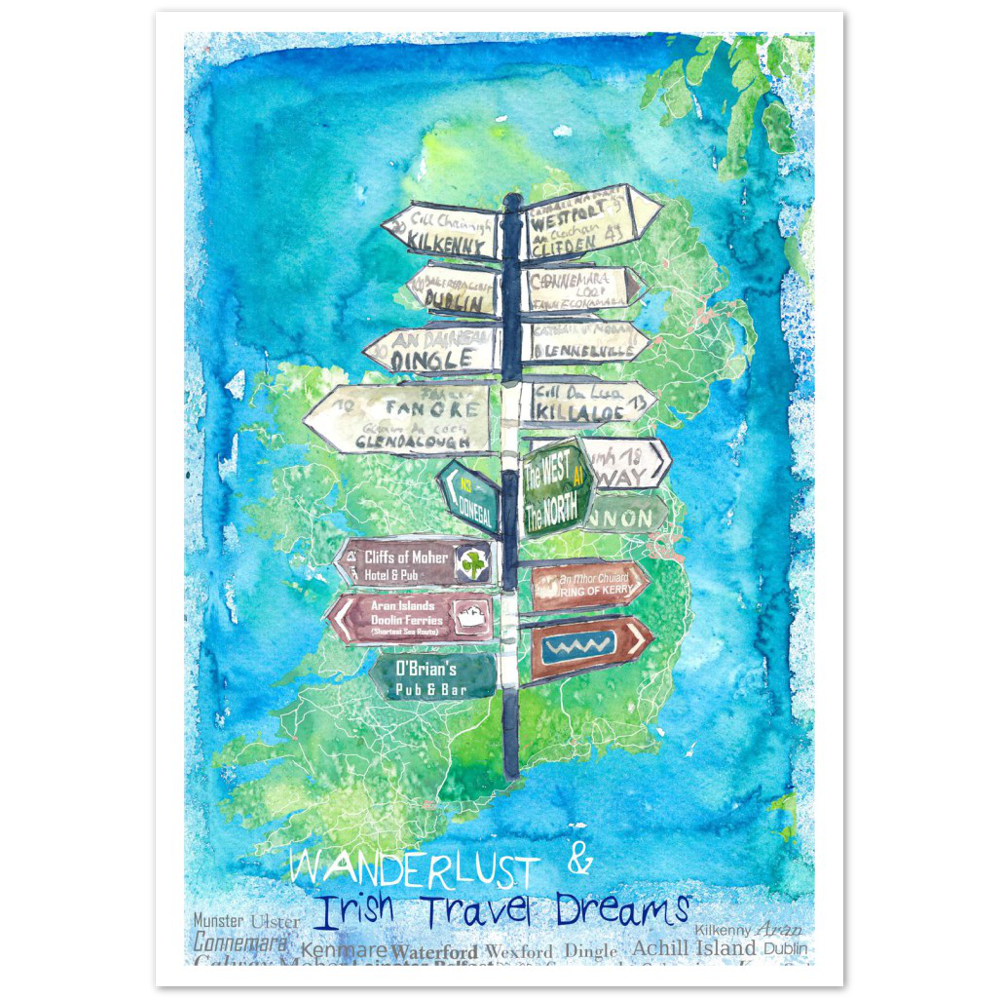 Wanderlust Signpost of Ireland with Island Background Premium Matte Paper Poster