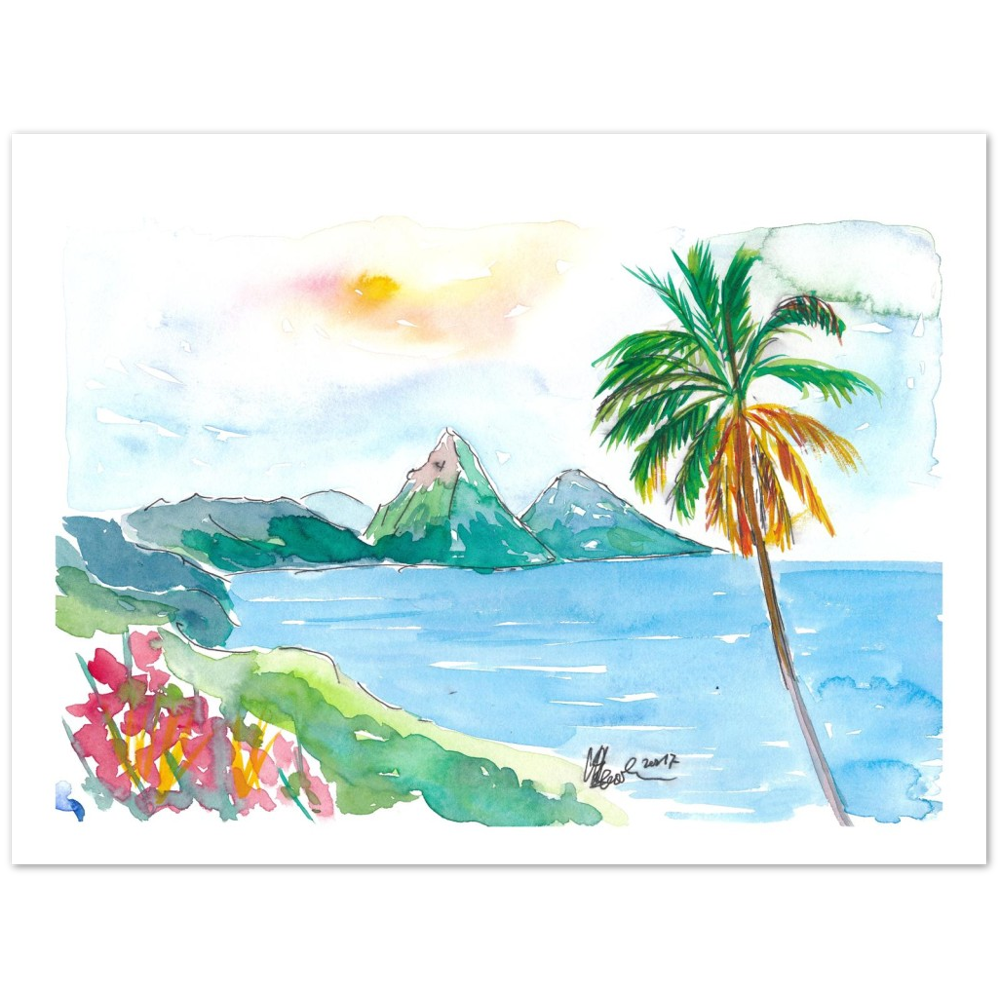 St Lucia Caribbean Dreams With Sunset and Pitons Peaks Painting & Limited Edition Fine Art Print