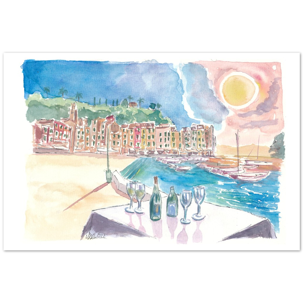 Table for Amore in Portofino with View of Port and Sea - Limited Edition Fine Art Print - Original Painting available
