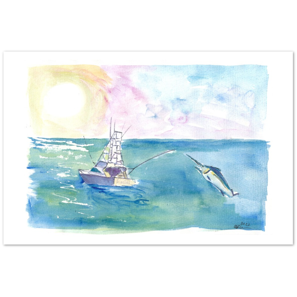 Gone Caribbean Fishing With Yacht and Marlin - Limited Edition Fine Art Print - Original Painting available