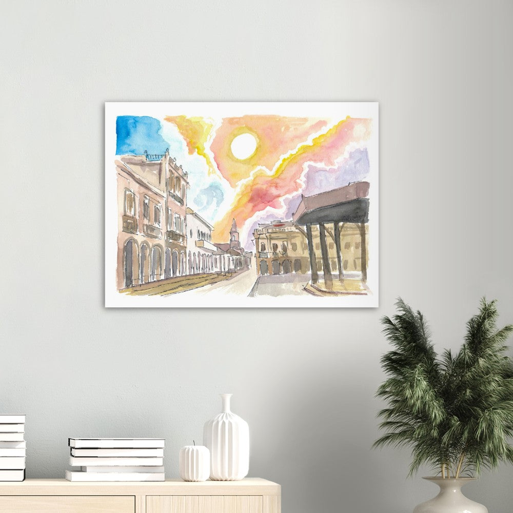 Cuenca Ecuador Historic Street Scene with Sun - Limited Edition Fine Art Print - Original Painting available