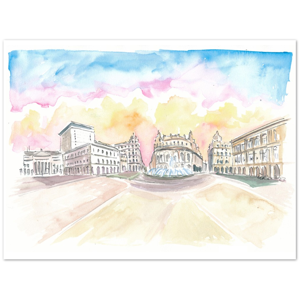 Genoa Italy Main Square Piazza at Sunrise - Limited Edition Fine Art Print - Original Painting available