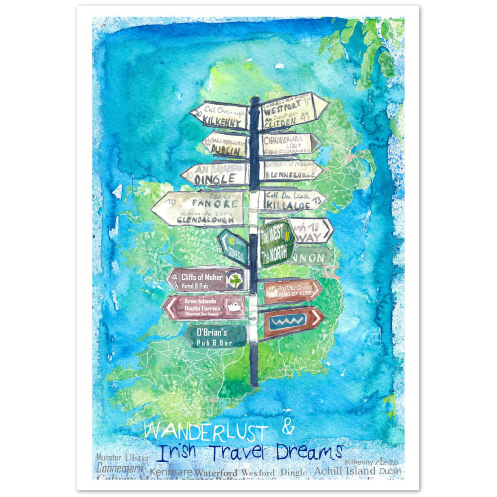 Wanderlust Signpost of Ireland with Island Background Premium Matte Paper Poster