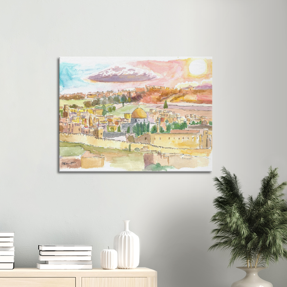 Holy City Jerusalem Cityview with Dome of Rock and Sunset - Limited Edition Fine Art Print - Original Painting available