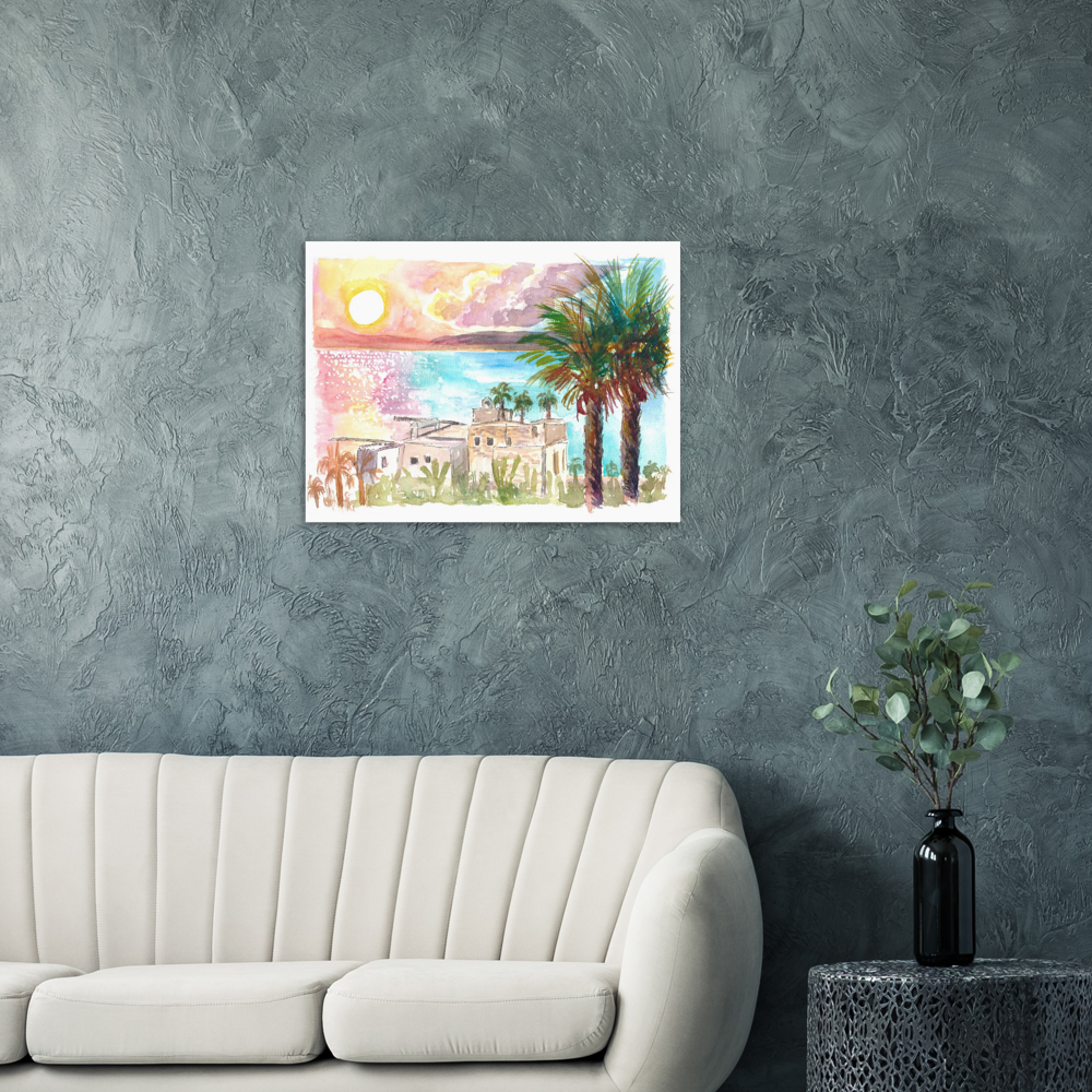 Sea of Galilee Sunset Dreams with Palms - Limited Edition Fine Art Print - Original Painting available