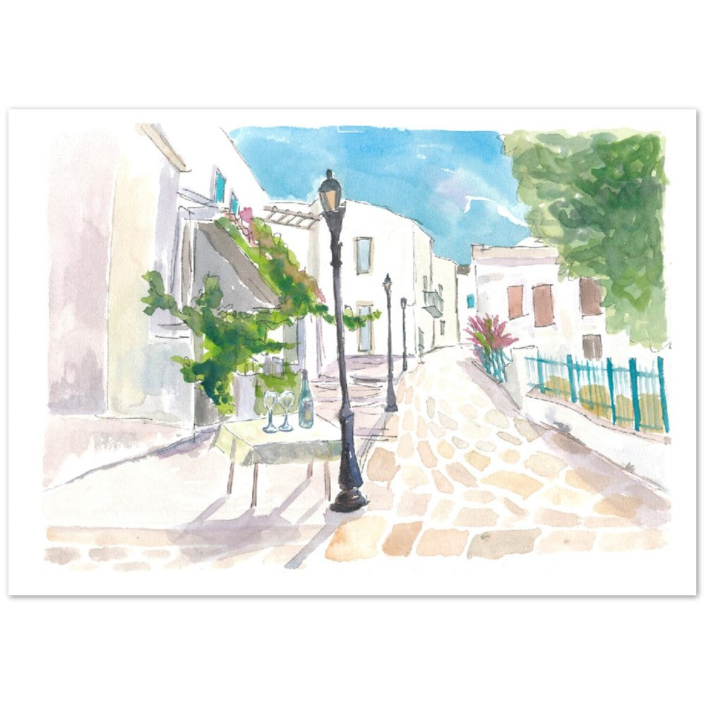 Mediterranean Street Scene with White Houses and Blue Sky - Limited Edition Fine Art Print - Original Painting available