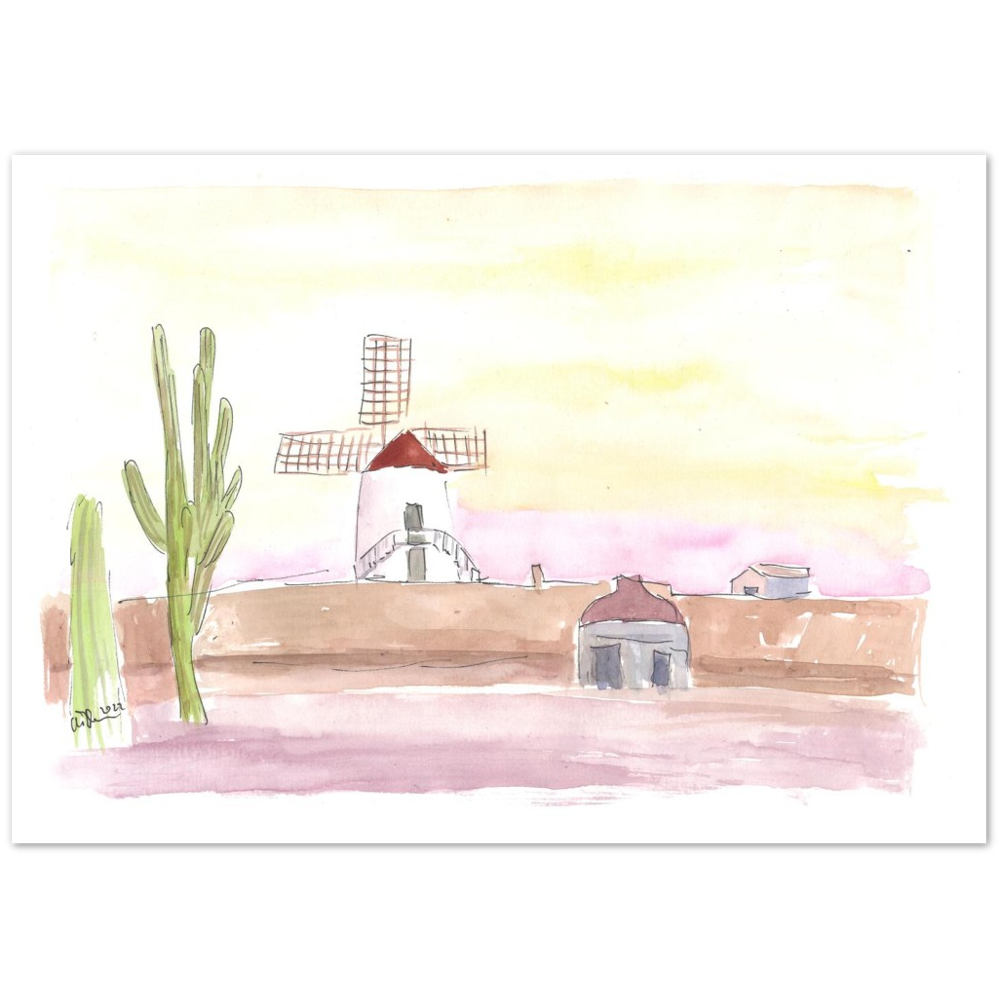 Lanzarote Canary Island Landscape with Windmill and Cacti - Limited Edition Fine Art Print - Original Painting available