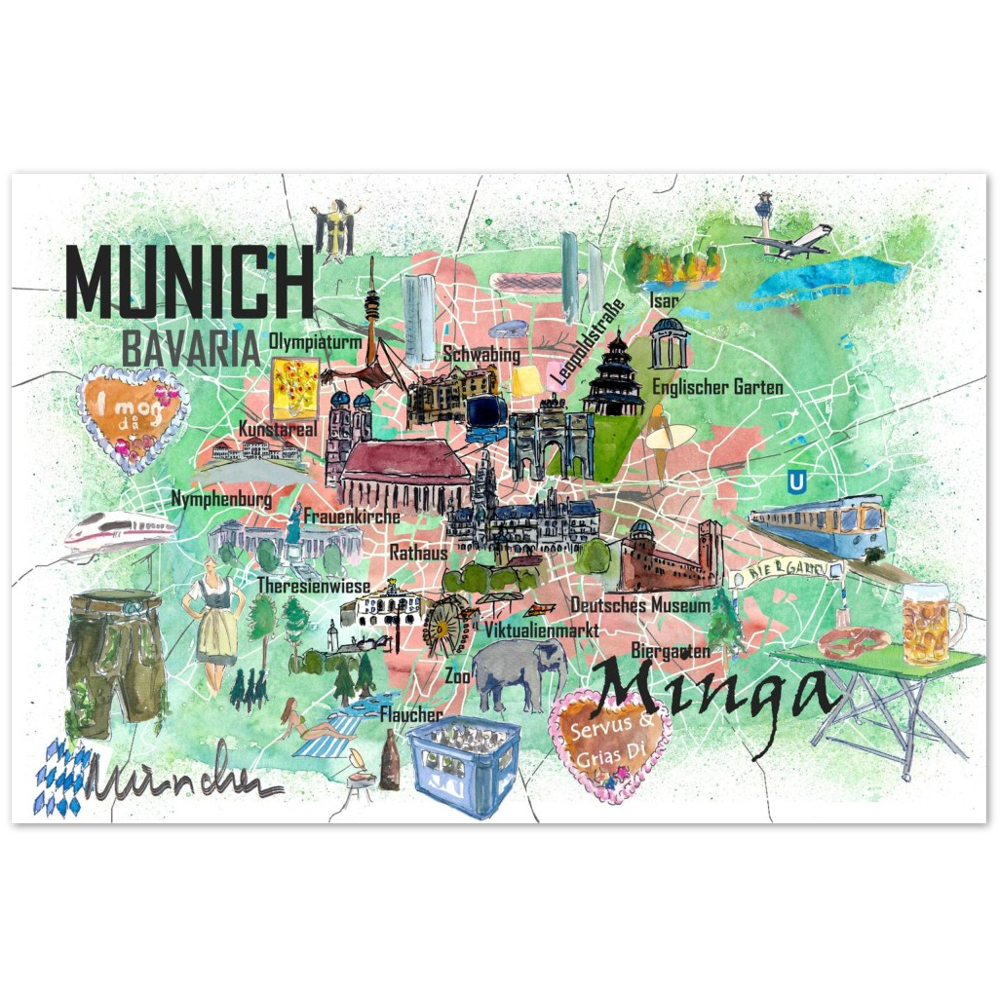 Munich Bavaria Germany Illustrated Travel Map with Roads and Tourist Highlights