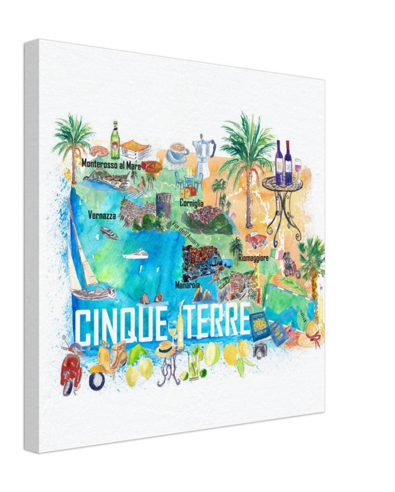 Cinque Terre Italien Illustrierte Mittelmeer-Reisekarte Highlights Golfs