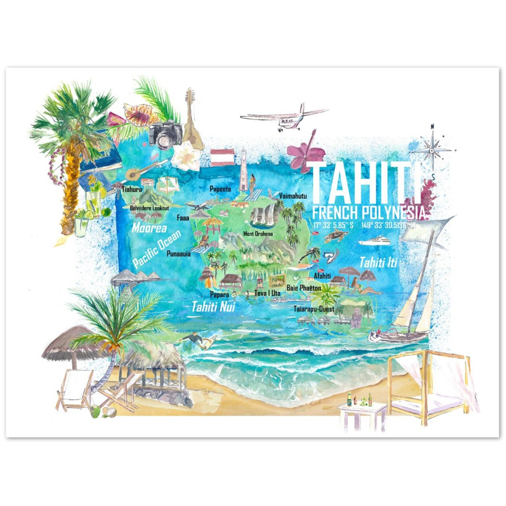 Tahiti Illustrated Travel Map with Roads and Highlights Fine Art Print