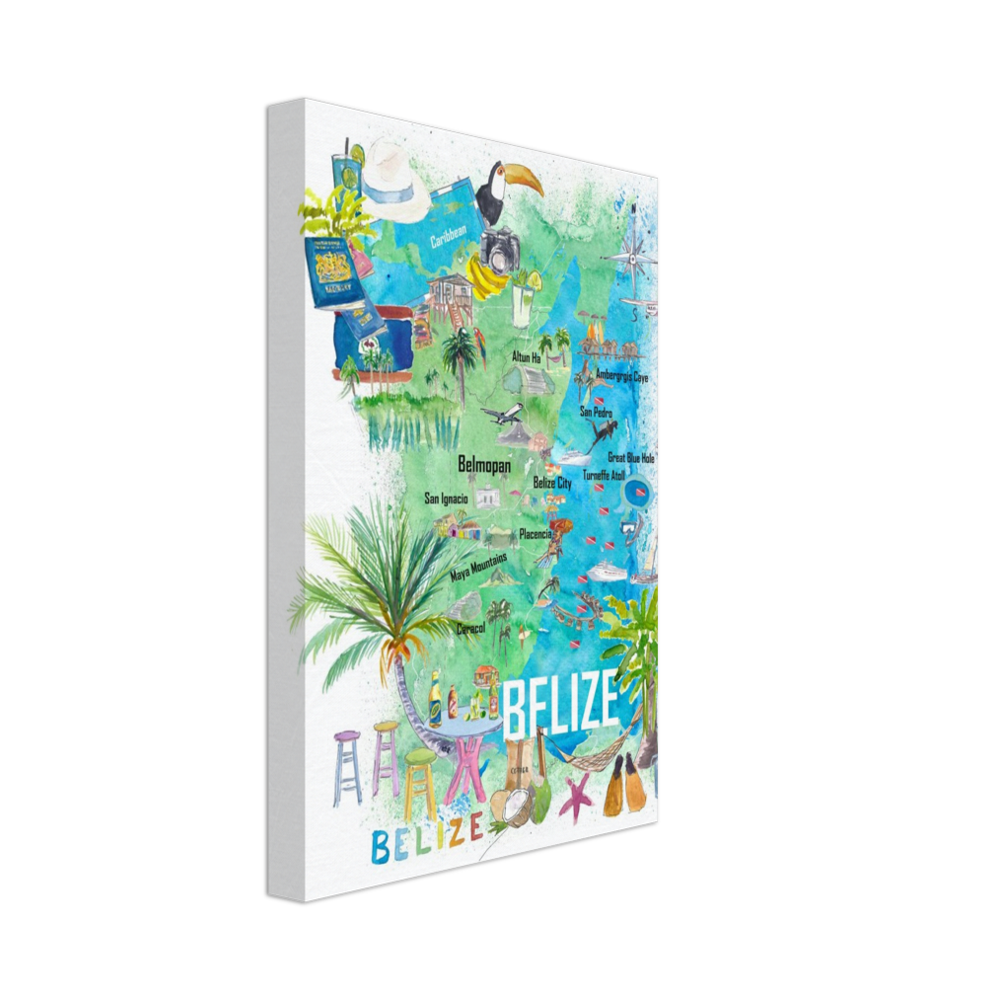 Belize Caribbean Illustrated Travel Map with Roads and Tourist Highlights