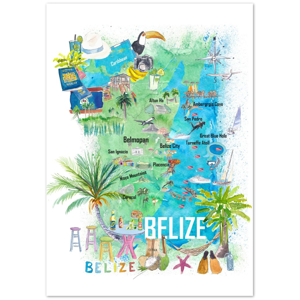Belize Caribbean Illustrated Travel Map with Roads and Tourist Highlights