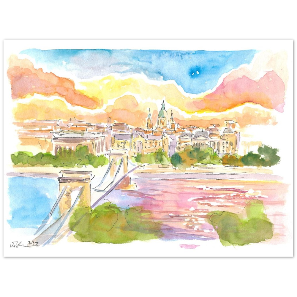 Budapest Hungary Elisabeth Bridge over River Danube at Sunset