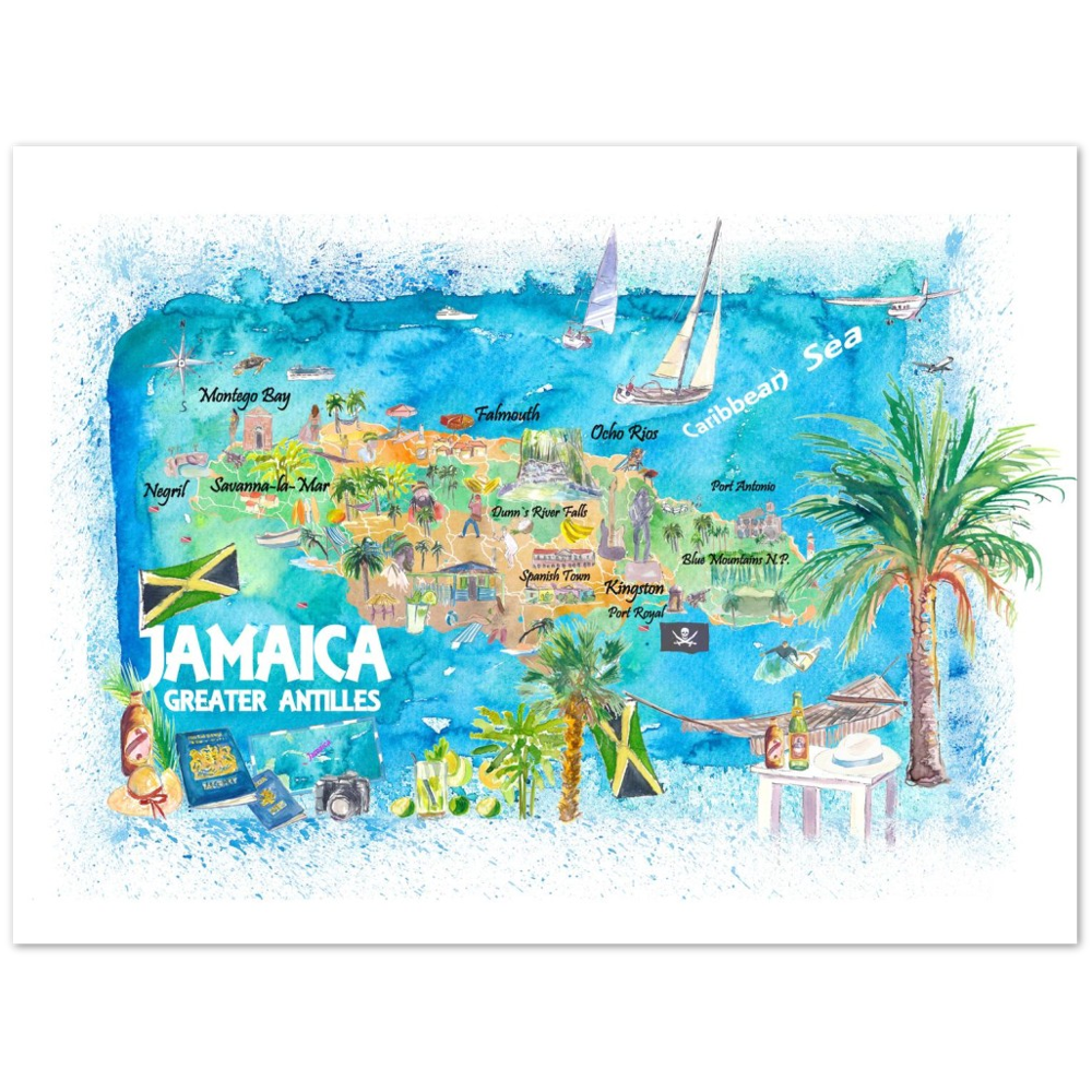 Jamaica Illustrated Travel Map with Roads and Highlights