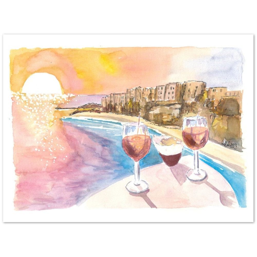 Spectacular Tropea Italy Beach Town with Sunset Refreshments - Limited Edition Fine Art Print - Original Painting available