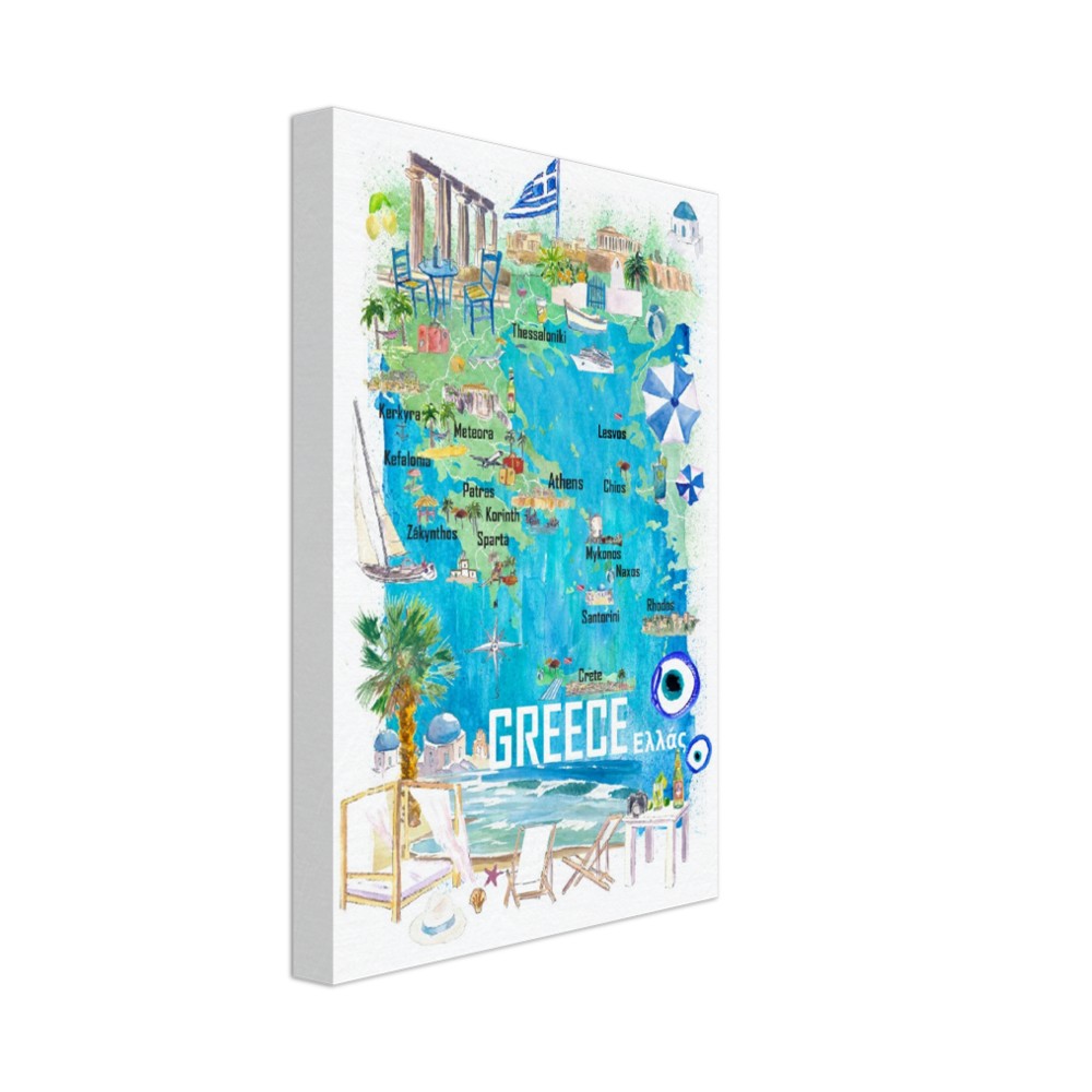 Greece Illustrated Travel Map in Mediterranean Aegean Adriatic Seas with Roads and Tourist Highlights
