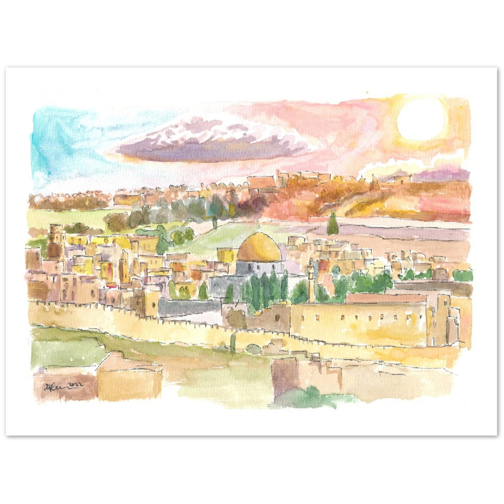 Holy City Jerusalem Cityview with Dome of Rock and Sunset - Limited Edition Fine Art Print - Original Painting available