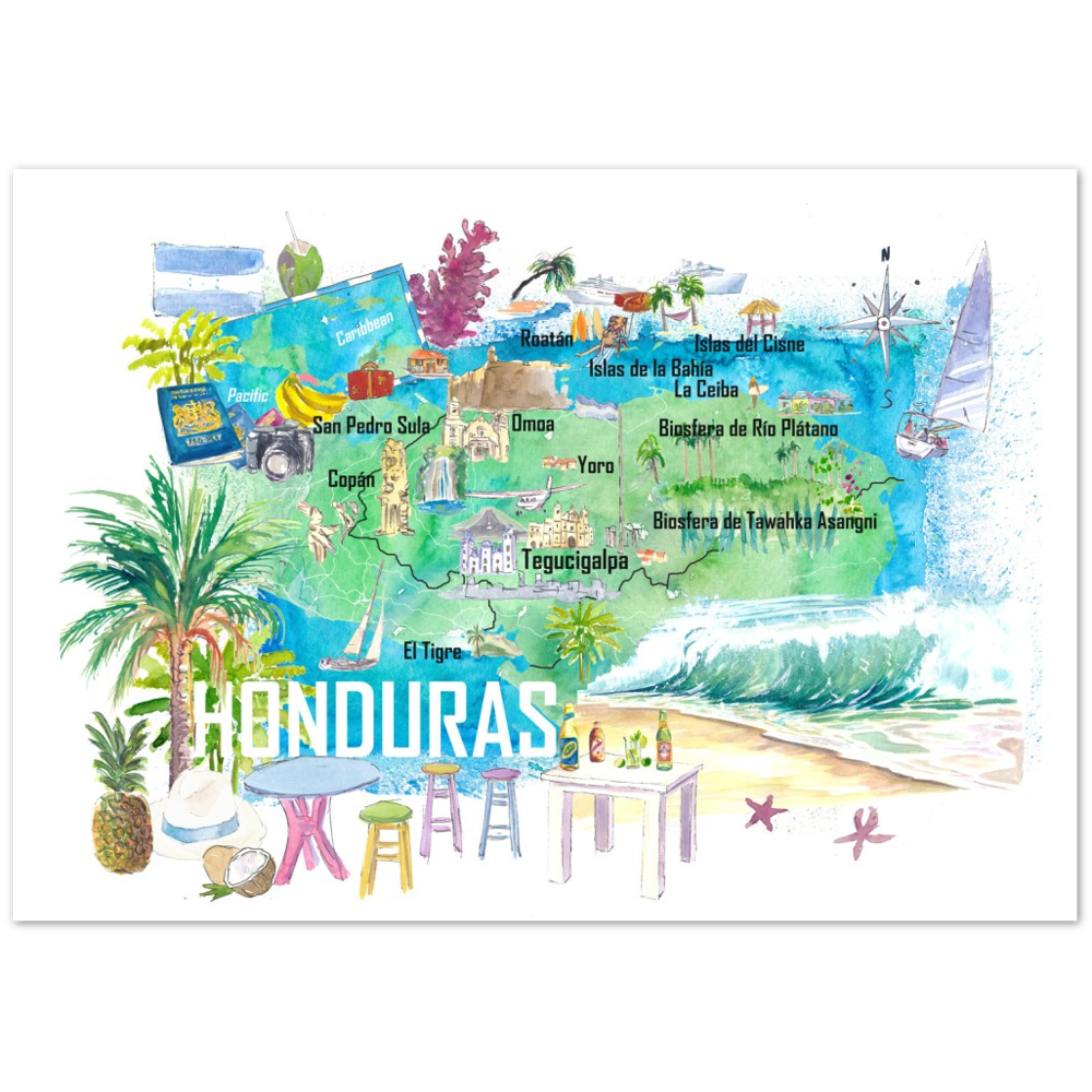 Honduras Illustrated Travel Map with Roads and Tourist Highlights
