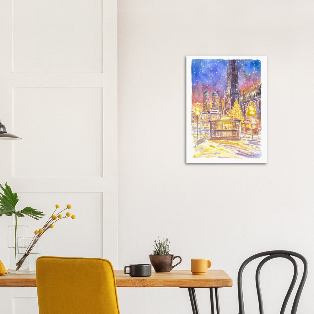Snowy Munich Winter Scene - Romantic Marienplatz XMAS Market - Limited Edition Fine Art Print - Original Painting available