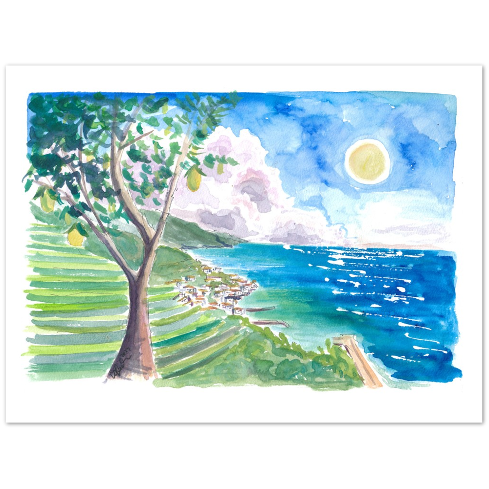 Minori Amalfi Coast with Lemon Tree and Blue Mediterranean - Limited Edition Fine Art Print - Original Painting available