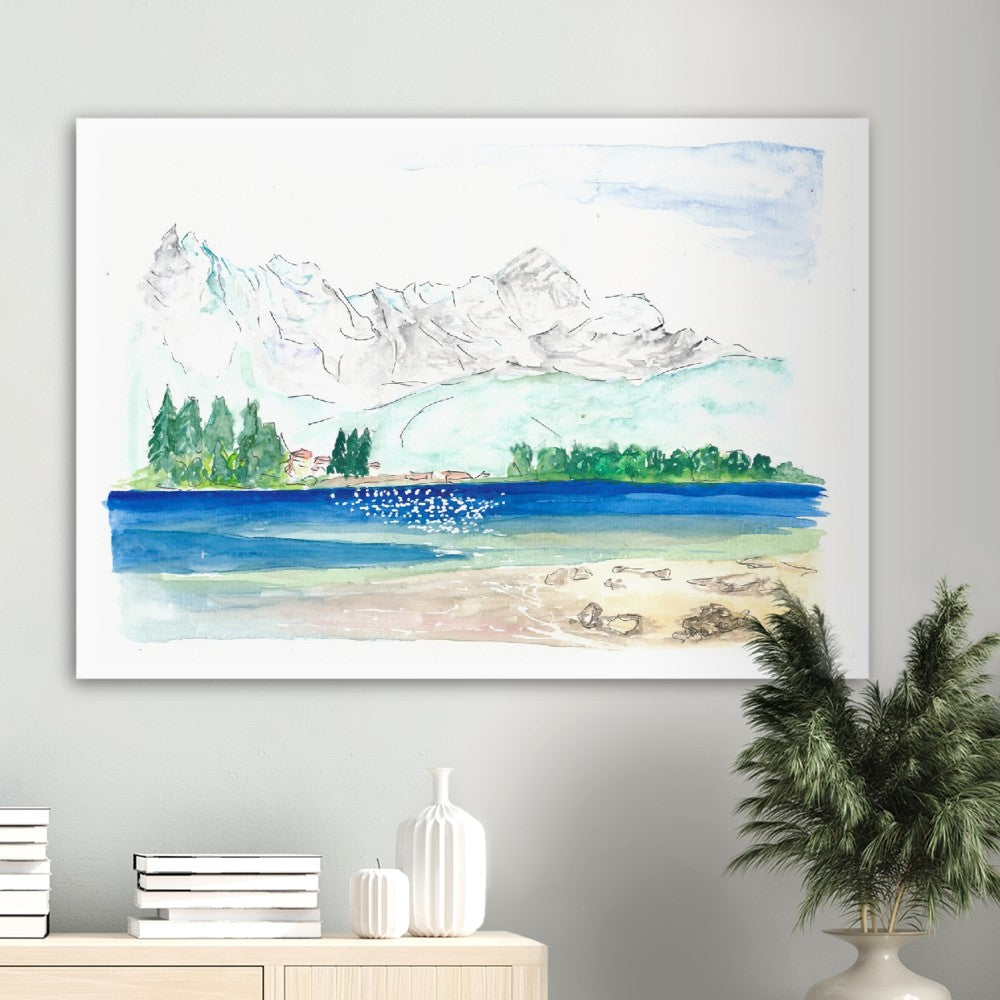 Eibsee Caribbean Bavaria Lake with View of Zugspitze - Limited Edition Fine Art Print - Original Painting available