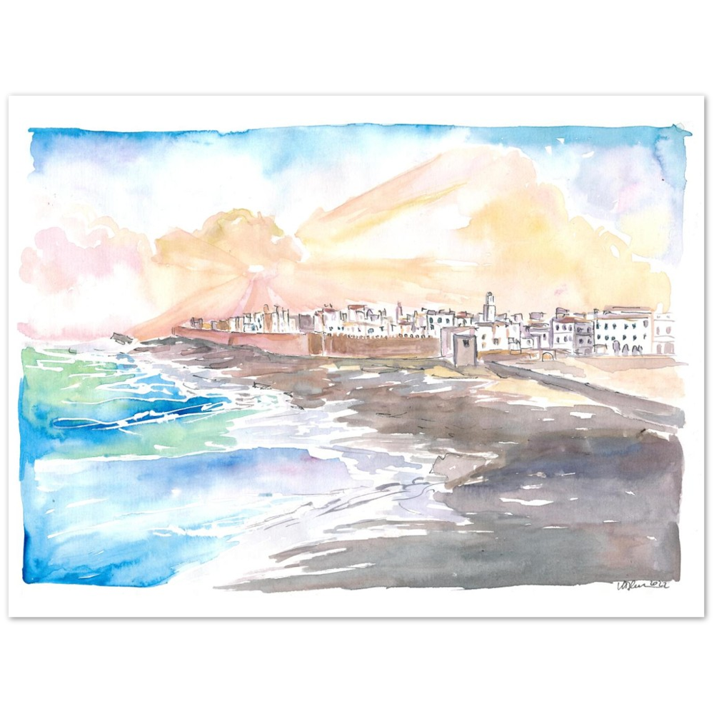 Essaouira Morocco view of Medina with Breaking Ocean Waves