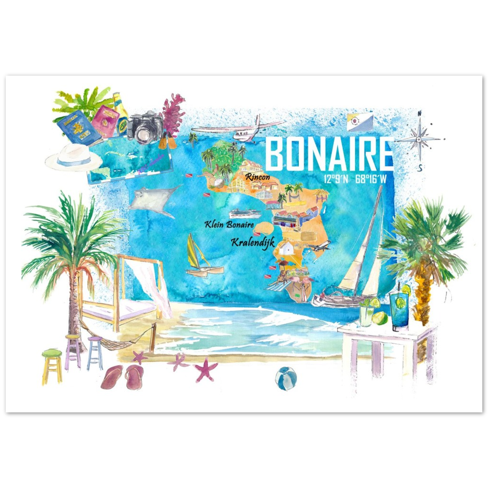Bonaire Dutch Antilles Caribbean Island Illustrated Travel Map with Tourist Highlights
