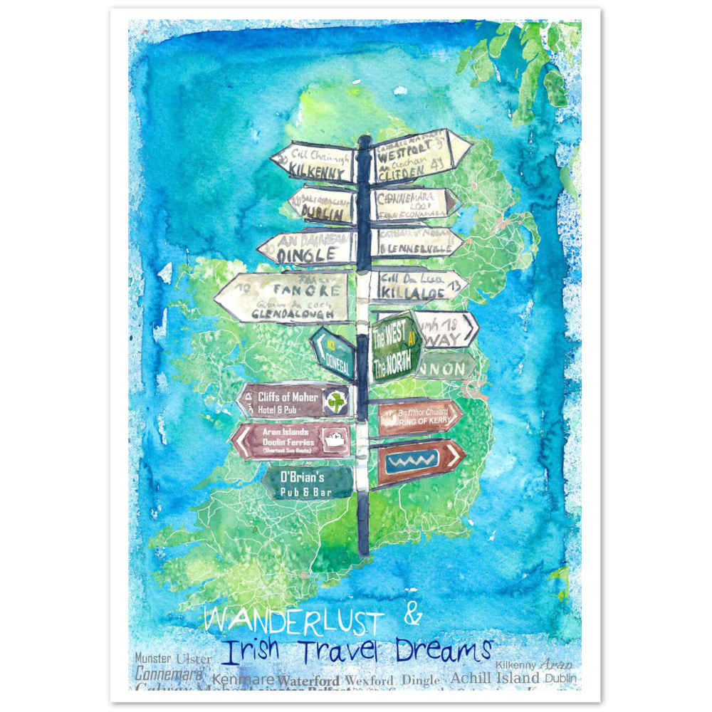 Wanderlust Signpost of Ireland with Island Background Premium Matte Paper Poster