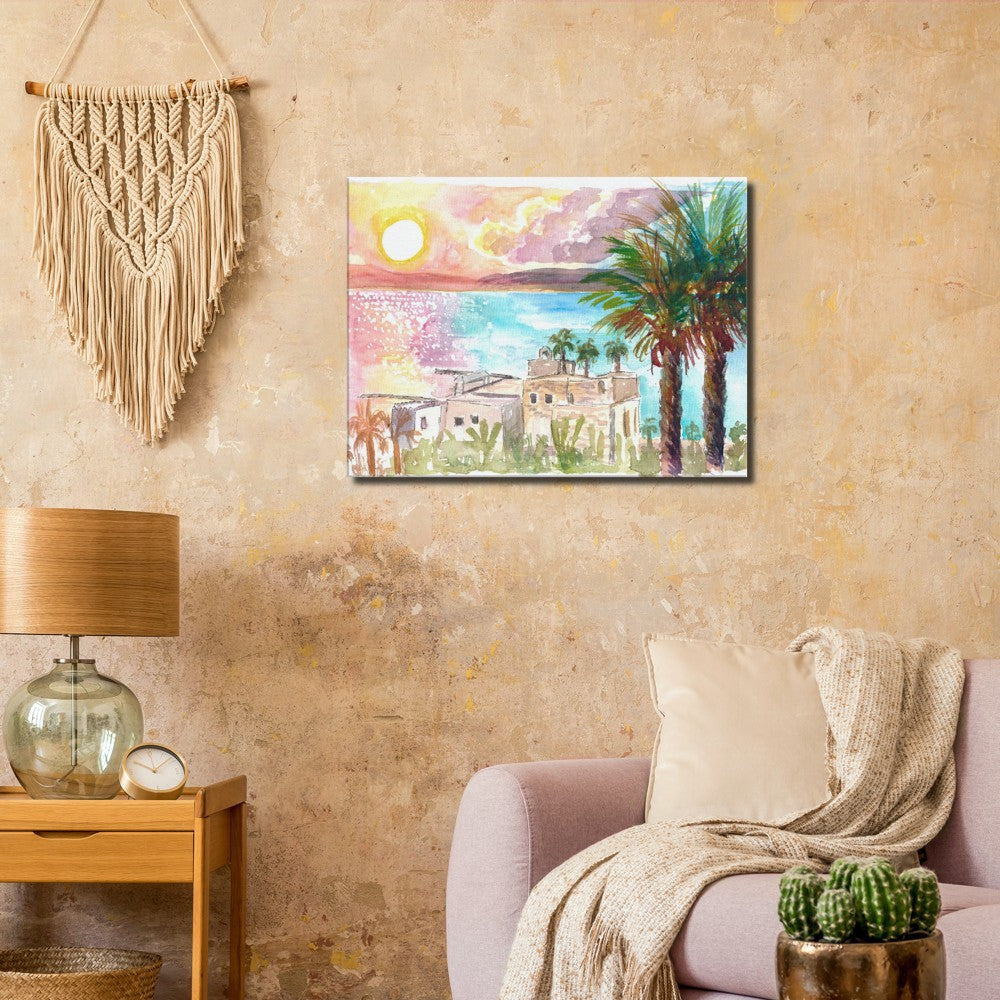Sea of Galilee Sunset Dreams with Palms - Limited Edition Fine Art Print - Original Painting available