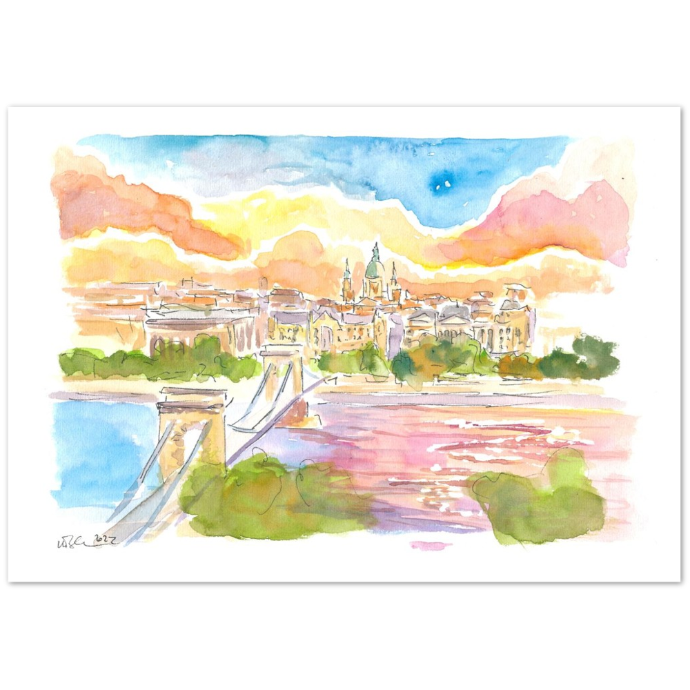 Budapest Hungary Elisabeth Bridge over River Danube at Sunset