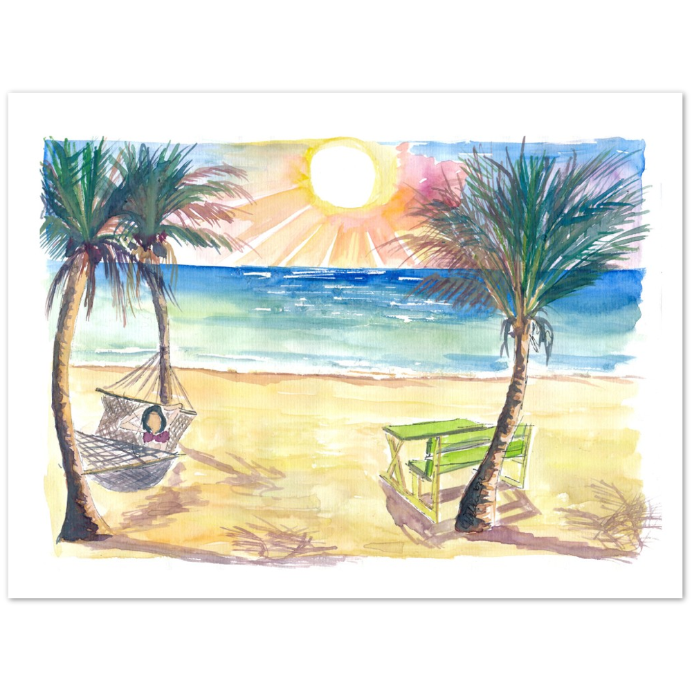 Serene Beach Perfection with Hammock Zen under Palms and Swell - Limited Edition Fine Art Print - Original Painting available