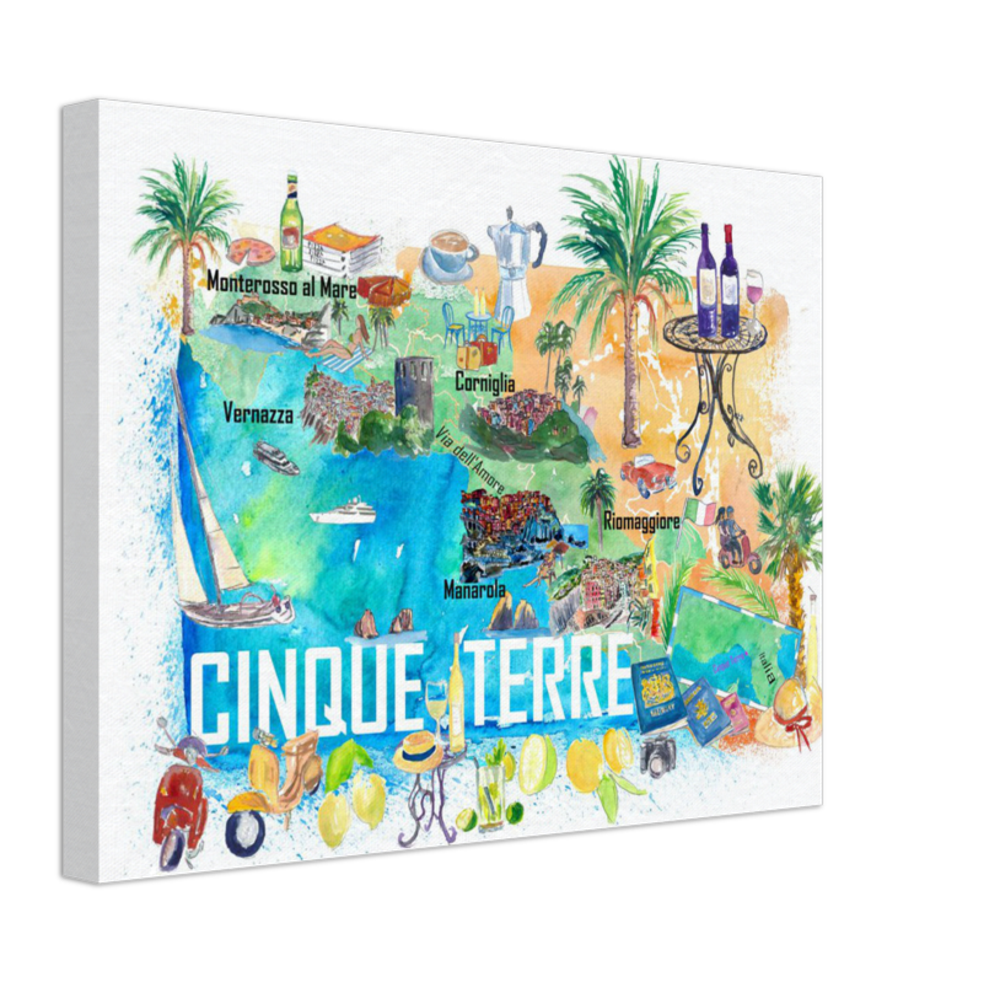 Cinque Terre Italien Illustrierte Mittelmeer-Reisekarte Highlights Golfs