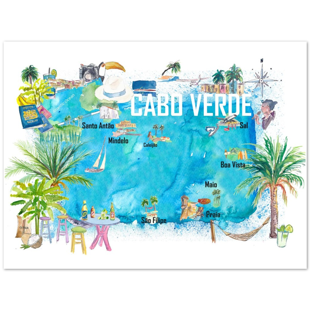 Cabo Verde Illustrated Island Travel Map with Tourist Highlights