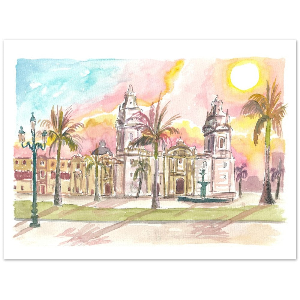 Lima Peru Watercolor Cityscape with Plaza Mayor - Limited Edition Fine Art Print - Original Painting available
