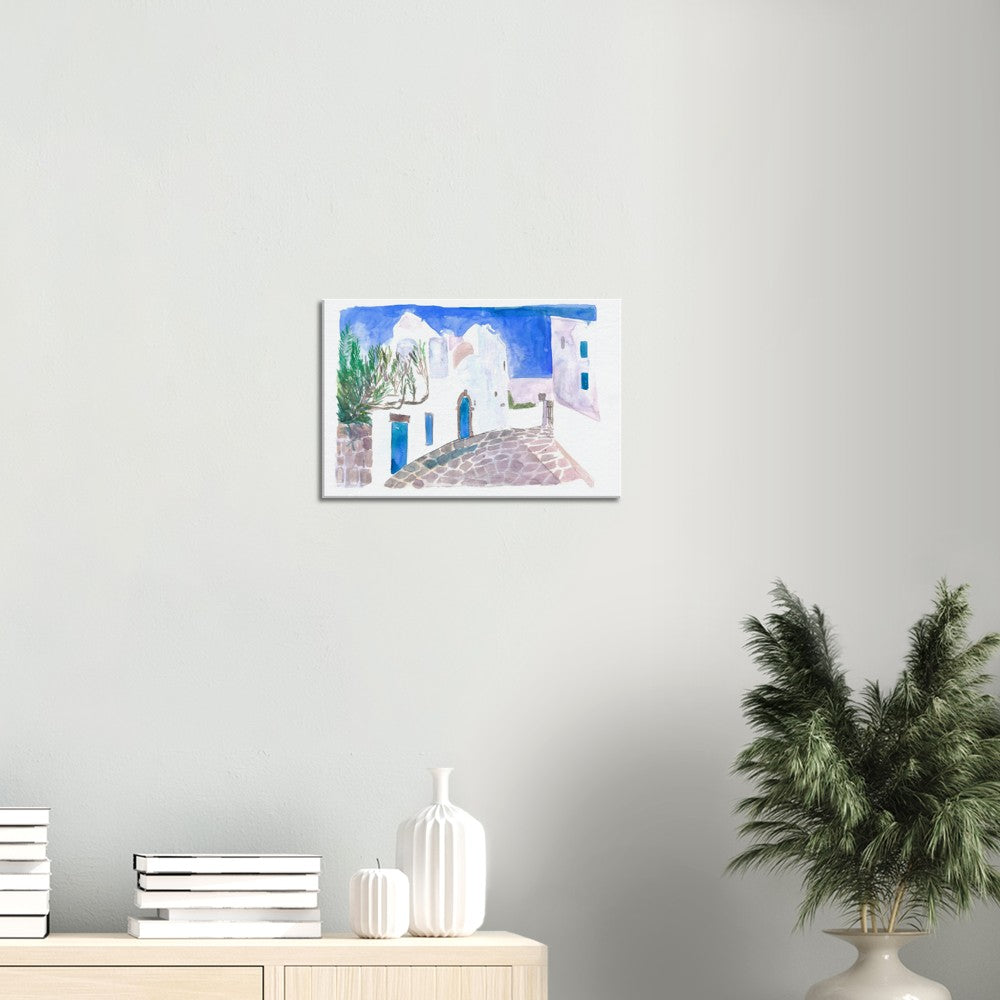 Mediterranean Alley with White Houses and Blue Doors - Limited Edition Fine Art Print - Original Painting available