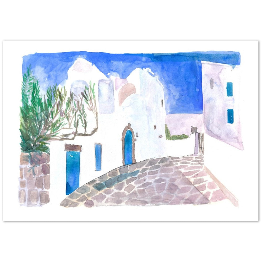 Mediterranean Alley with White Houses and Blue Doors - Limited Edition Fine Art Print - Original Painting available