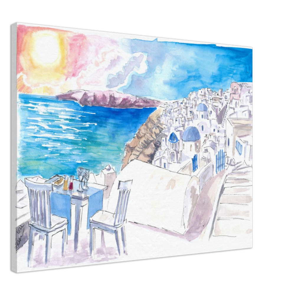 Santorini Sunset View with Rooftop Bar and Fruit Juices - Limited Edition Fine Art Print - Original Painting available
