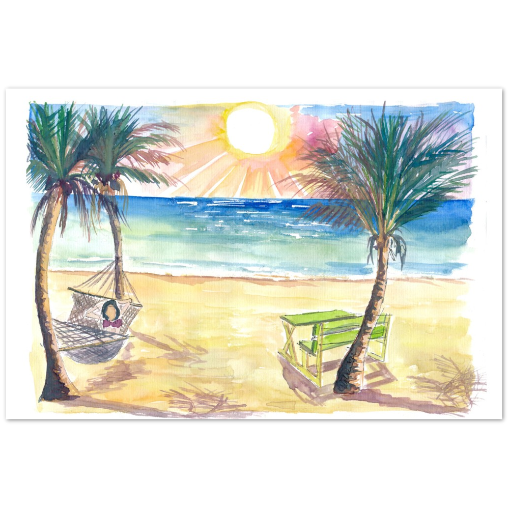 Serene Beach Perfection with Hammock Zen under Palms and Swell - Limited Edition Fine Art Print - Original Painting available