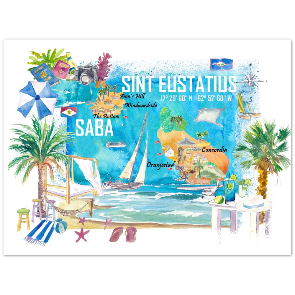 Sint Eustatius and Saba Dutch Caribbean Island Illustrated Travel Map with Tourist Highlights